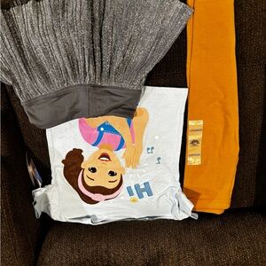 Cartoon Tee with Gray Skirt and Orange Pants